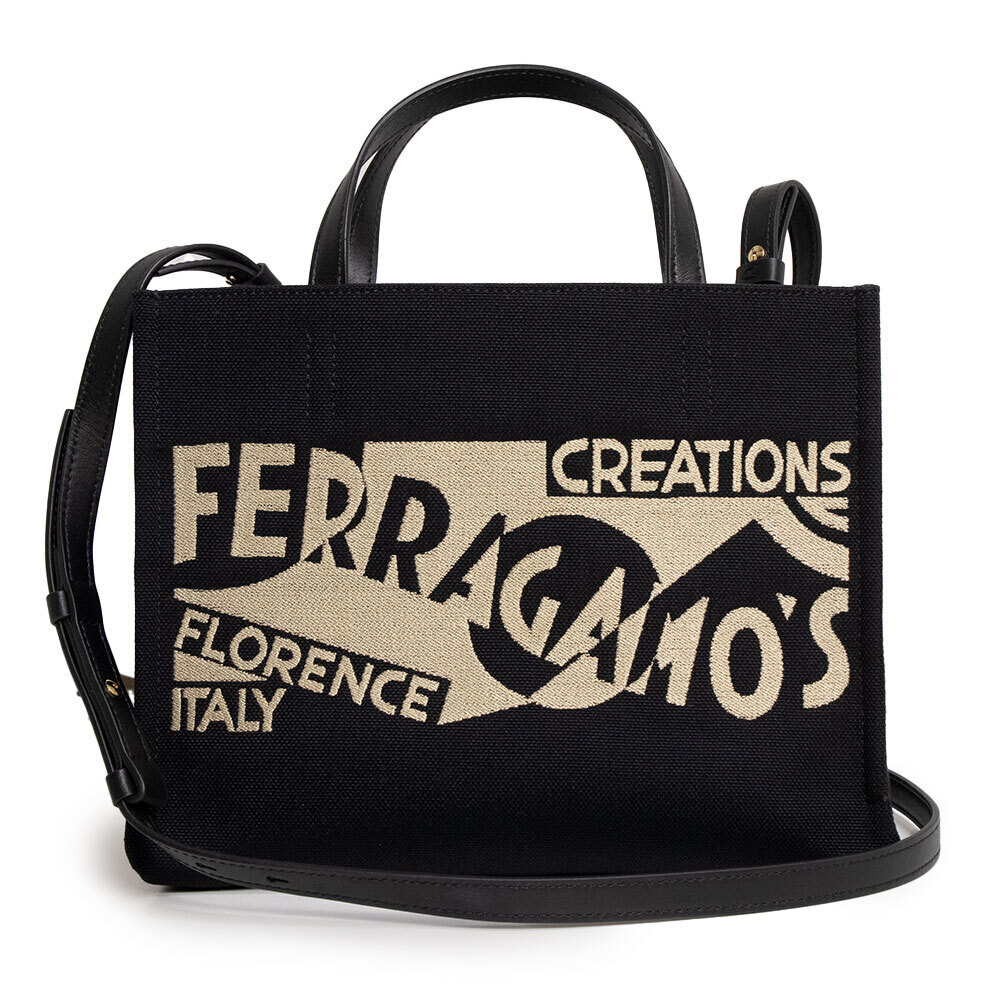 Salvatore Ferragamo Tote Canvas Calfskin Black Crossbody Handbag Leather
